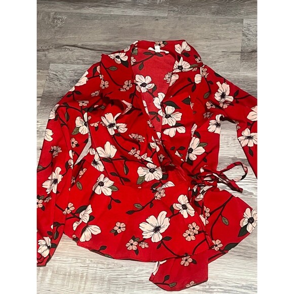 Red Floral Wrap Cross over Blouse Top Long sleeve Boho Chic dress shirt size S - Picture 2 of 4
